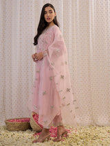 Women's Pink Embroidered Straight Kurta Trouser with Dupatta set
