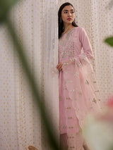 Women's Pink Embroidered Straight Kurta Trouser with Dupatta set