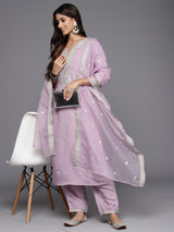 Women's Purple Embroidered Straight Kurta Trouser with Dupatta Set