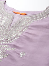 Women's Purple Embroidered Straight Kurta Trouser with Dupatta Set
