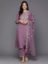 Women's Purple Embroidered Straight Kurta Trouser with Dupatta set
