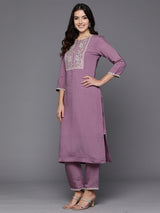 Women's Purple Embroidered Straight Kurta Trouser with Dupatta set