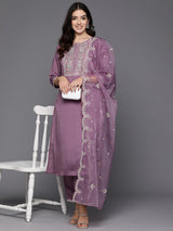 Women's Purple Embroidered Straight Kurta Trouser with Dupatta set