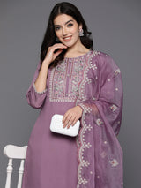 Women's Purple Embroidered Straight Kurta Trouser with Dupatta set