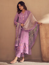 Women's Purple Embroidered Straight Kurta Trouser with Dupatta Set