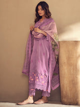 Women's Purple Embroidered Straight Kurta Trouser with Dupatta Set