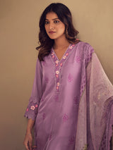 Women's Purple Embroidered Straight Kurta Trouser with Dupatta Set