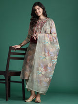 Women's Multicolor Printed Straight Kurta Trouser with Dupatta Set