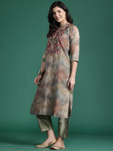 Women's Multicolor Printed Straight Kurta Trouser with Dupatta Set