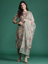 Women's Multicolor Printed Straight Kurta Trouser with Dupatta Set