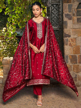 Women's Red Embroidered Straight Kurta Trouser with Dupatta set