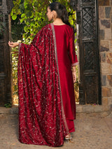 Women's Red Embroidered Straight Kurta Trouser with Dupatta set