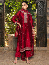 Women's Red Embroidered Straight Kurta Trouser with Dupatta set