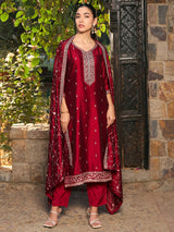 Women's Red Embroidered Straight Kurta Trouser with Dupatta set