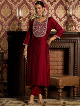 Women's Red Embroidered Straight Kurta Trouser with Dupatta Set
