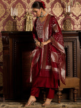 Women's Red Embroidered Straight Kurta Trouser with Dupatta Set