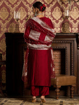 Women's Red Embroidered Straight Kurta Trouser with Dupatta Set