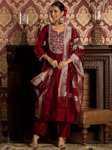 Women's Red Embroidered Straight Kurta Trouser with Dupatta Set