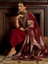 Women's Red Embroidered Straight Kurta Trouser with Dupatta Set