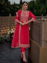 Women's Pink Embroidered A-Line Kurta Trouser with Dupatta Set