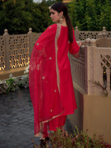 Women's Pink Embroidered A-Line Kurta Trouser with Dupatta Set