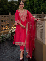 Women's Pink Embroidered A-Line Kurta Trouser with Dupatta Set