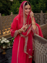 Women's Pink Embroidered A-Line Kurta Trouser with Dupatta Set