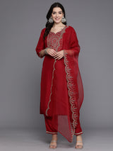 Women's Red Embroidered Straight Kurta Trouser with Dupatta set