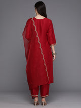 Women's Red Embroidered Straight Kurta Trouser with Dupatta set