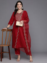 Women's Red Embroidered Straight Kurta Trouser with Dupatta set
