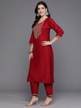 Women's Red Embroidered Straight Kurta Trouser with Dupatta set