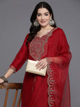 Women's Red Embroidered Straight Kurta Trouser with Dupatta set