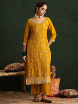 Women's Yellow Embroidered Straight Kurta Trouser Set