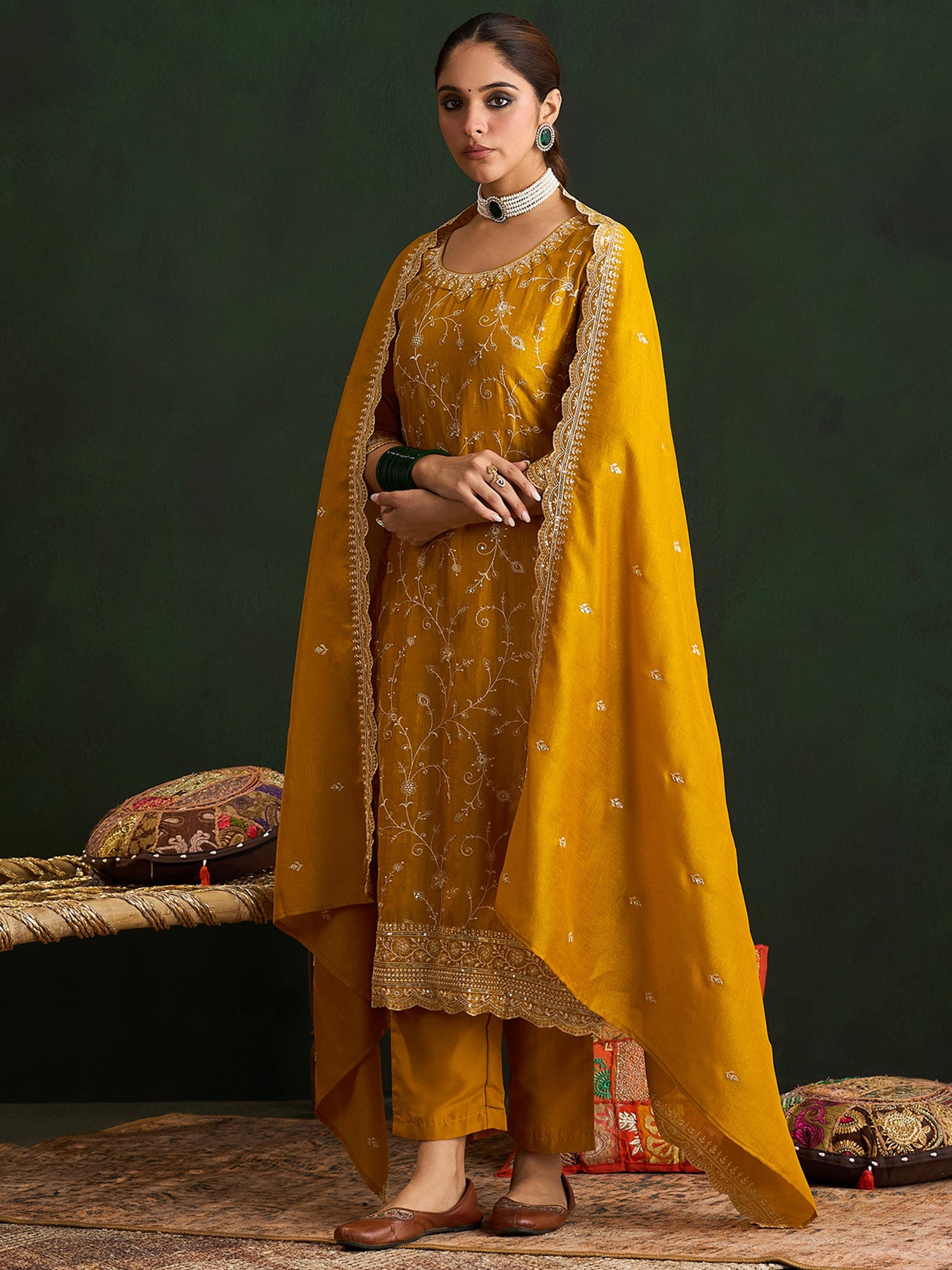 Women's Yellow Embroidered Straight Kurta Trouser Set