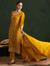 Women's Yellow Embroidered Straight Kurta Trouser Set
