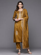 Women's Mustard Embroidered Straight Kurta Trousers With Dupatta Set