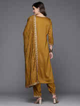 Women's Mustard Embroidered Straight Kurta Trousers With Dupatta Set