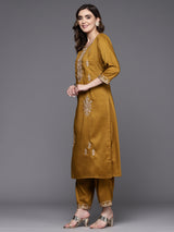 Women's Mustard Embroidered Straight Kurta Trousers With Dupatta Set