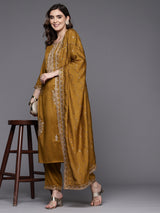 Women's Mustard Embroidered Straight Kurta Trousers With Dupatta Set