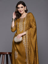 Women's Mustard Embroidered Straight Kurta Trousers With Dupatta Set
