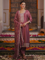 Women's Pink Embroidered Straight Kurta Trouser with Dupatta Set