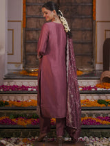 Women's Pink Embroidered Straight Kurta Trouser with Dupatta Set
