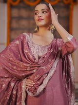 Women's Pink Embroidered Straight Kurta Trouser with Dupatta Set
