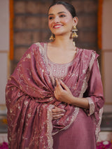 Women's Pink Embroidered Straight Kurta Trouser with Dupatta Set