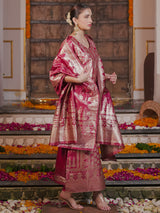 Women's Pink Woven Design Straight Kurta Trouser with Dupatta Set