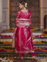 Women's Pink Woven Design Straight Kurta Trouser with Dupatta Set