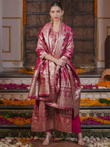 Women's Pink Woven Design Straight Kurta Trouser with Dupatta Set
