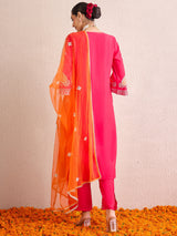 Women's Pink Embroidered Straight Kurta Trouser with Dupatta set