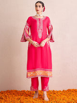 Women's Pink Embroidered Straight Kurta Trouser with Dupatta set