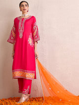 Women's Pink Embroidered Straight Kurta Trouser with Dupatta set